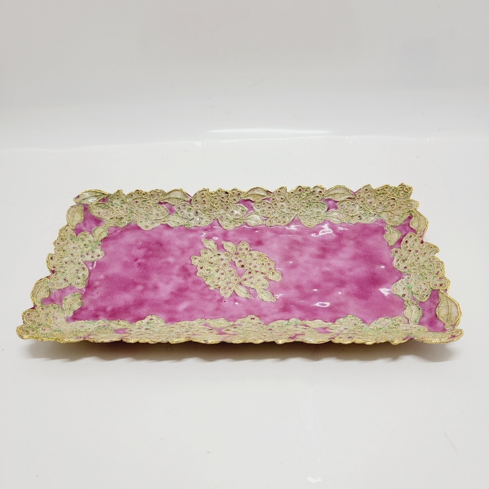 Vtg Jewelry Catch All Tray Metal Trinket Dish Pink Gold Leafs Embossed Vanity.